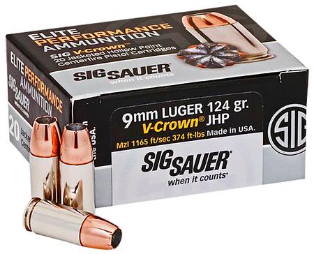 Sig Sauer E9MMA220 Elite Defense  9mm Luger 124 gr 1165 fps V-Crown Jacketed Hollow Point (VJHP) 20 Bx/10 Cs