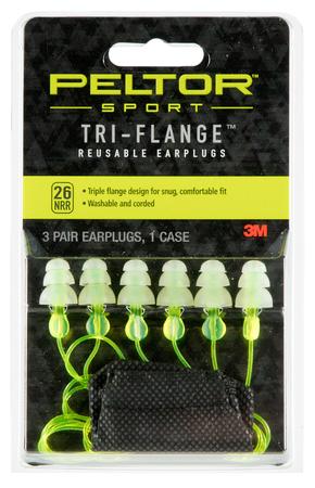 Peltor 97317 Tri-Flange Reusable Earplugs Polymer 26 dB In The Ear Yellow Buds with Yellow Cord Adult 3 Pair