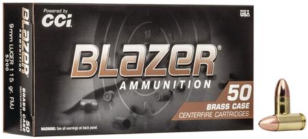 CCI 5200 Blazer Brass Handgun 9mm Luger 115 gr Full Metal Jacket (FMJ) 50 Per Box/ 20 Cs
