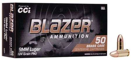 CCI 5201 Blazer Brass Handgun 9mm Luger 124 gr Full Metal Jacket (FMJ) 50 Per Box/ 20 Cs